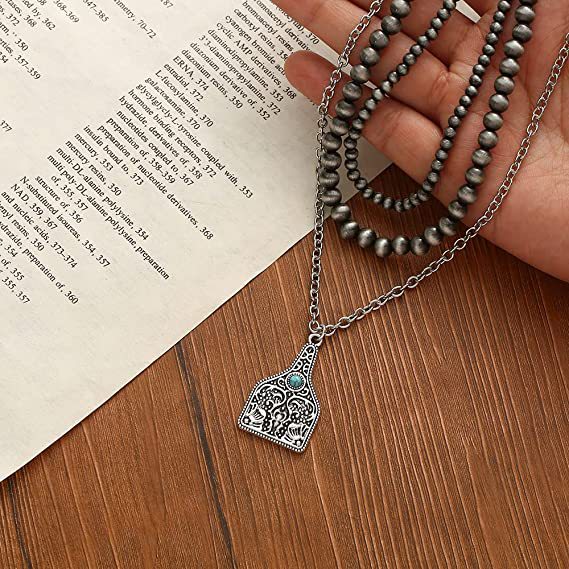 Wholesale Western Style Vintage Engraved Turquoise Pendant Multi-layered Necklace