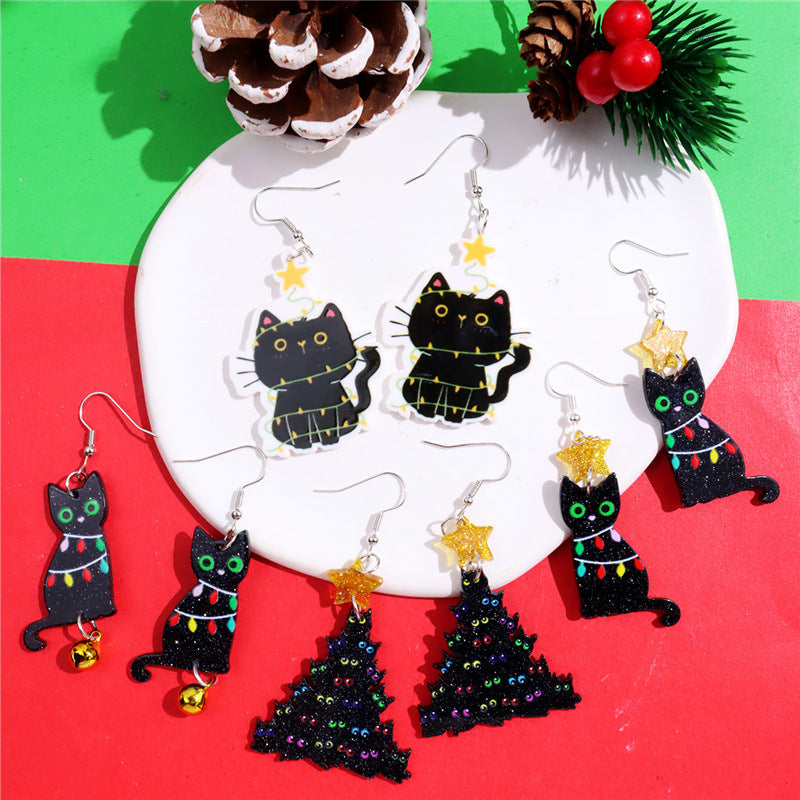 Wholesale Christmas Lantern Black Cat Bell Acrylic Pendant Earrings