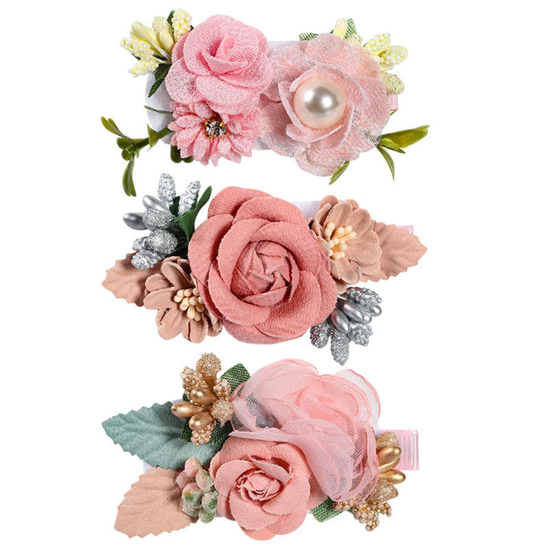 Wholesale Three Sets Pink Fake Head Flower Hair Clips