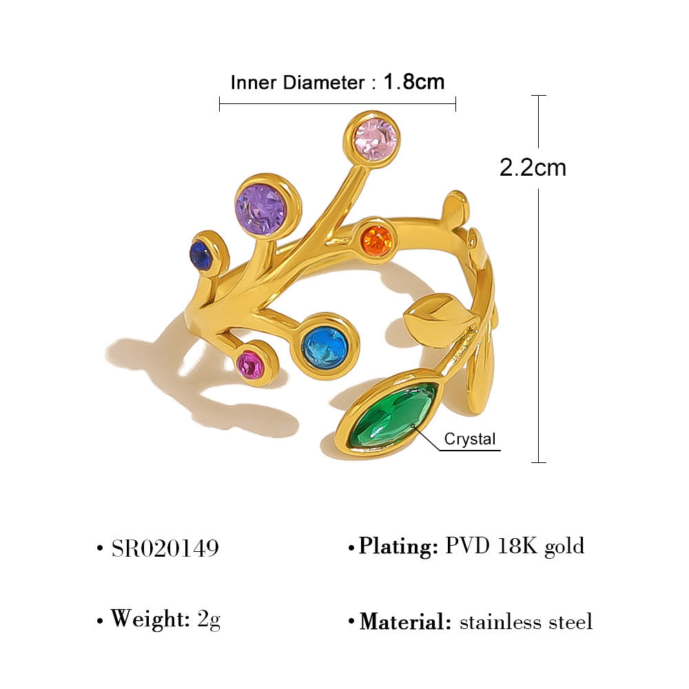 Wholesale rainbow zircon leaf ring women' s 18K gold titanium steel open ring