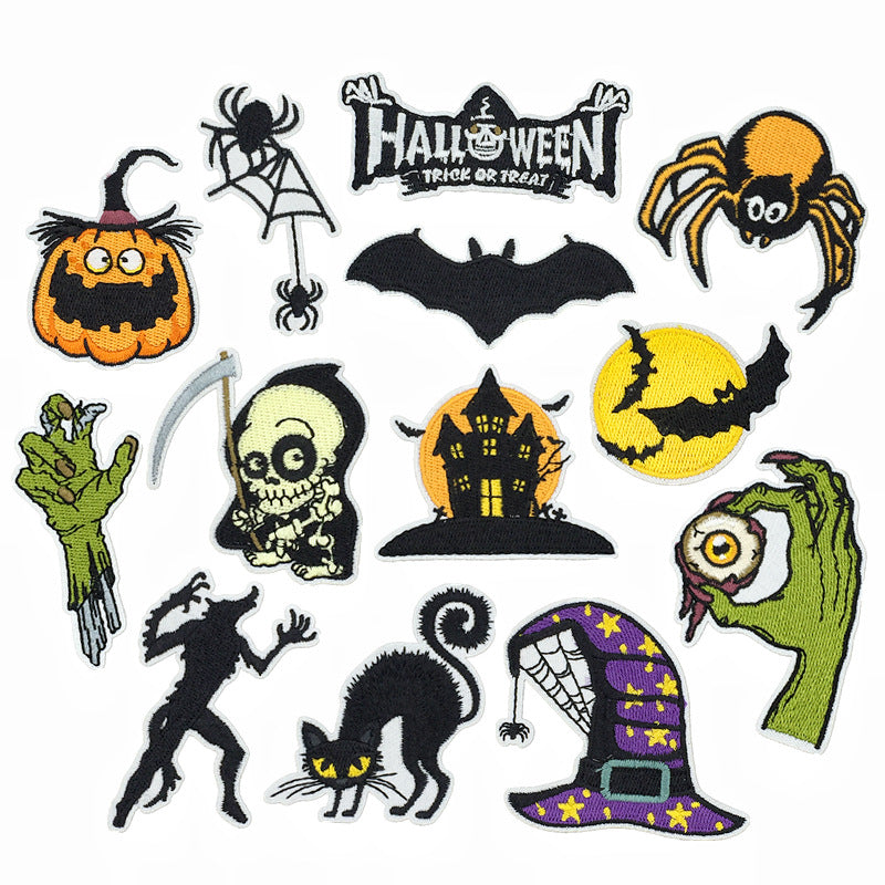 Wholesale  Embroidered Patches Witch Bat Pumpkin Black Cat Haunted House Twill Applique Trendy DIY Decorative Accent For Clothing Bags And Home Decor