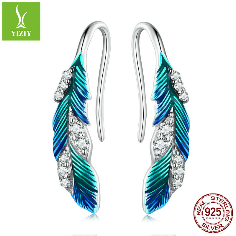 Wholesale S925 Sterling Silver Dazzling Blue Feather Earrings Ring