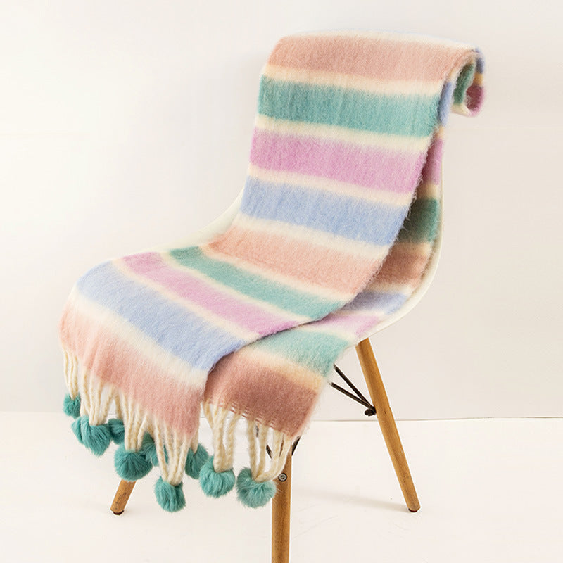 Wholesale Autumn and Winter Imitation Cashmere Colorful Knitted Fur Ball Tassel Warm Scarf