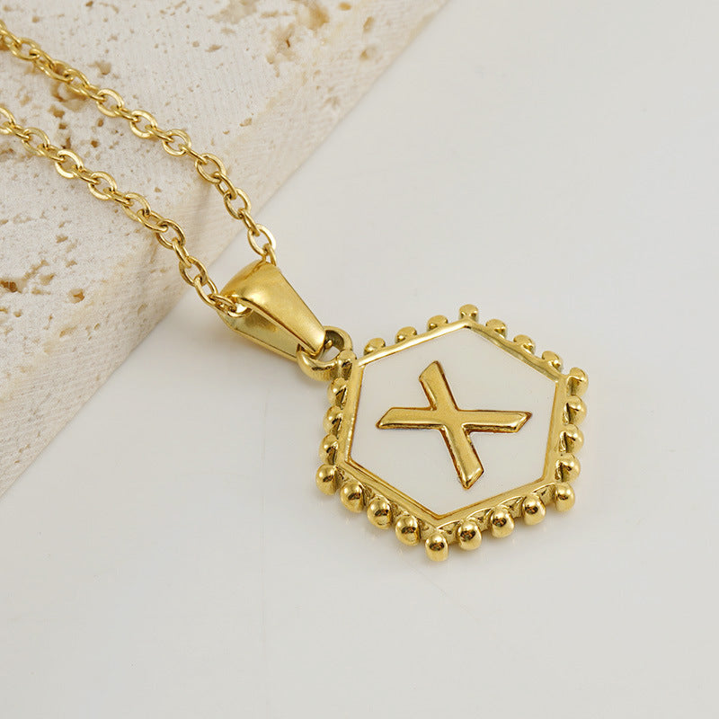 Wholesale Stainless Steel Plated Hexagonal Natural Shell Letter Pendant 18K Necklace
