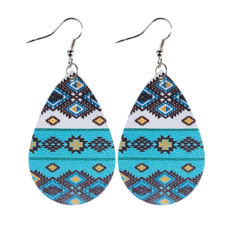 Wholesale Western Style Ethnic Totem Pattern Striped Leather Drop Shape Women's Earrings
