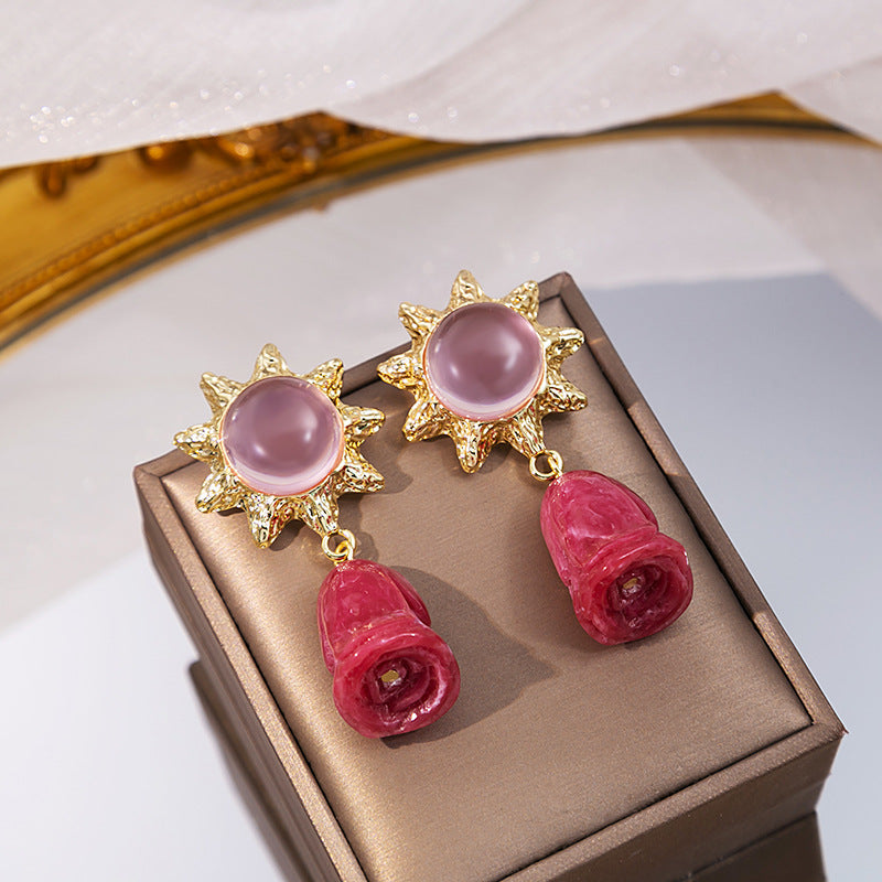 Pendientes de aleación de tulipán de resina de aguja de plata de altura al por mayor