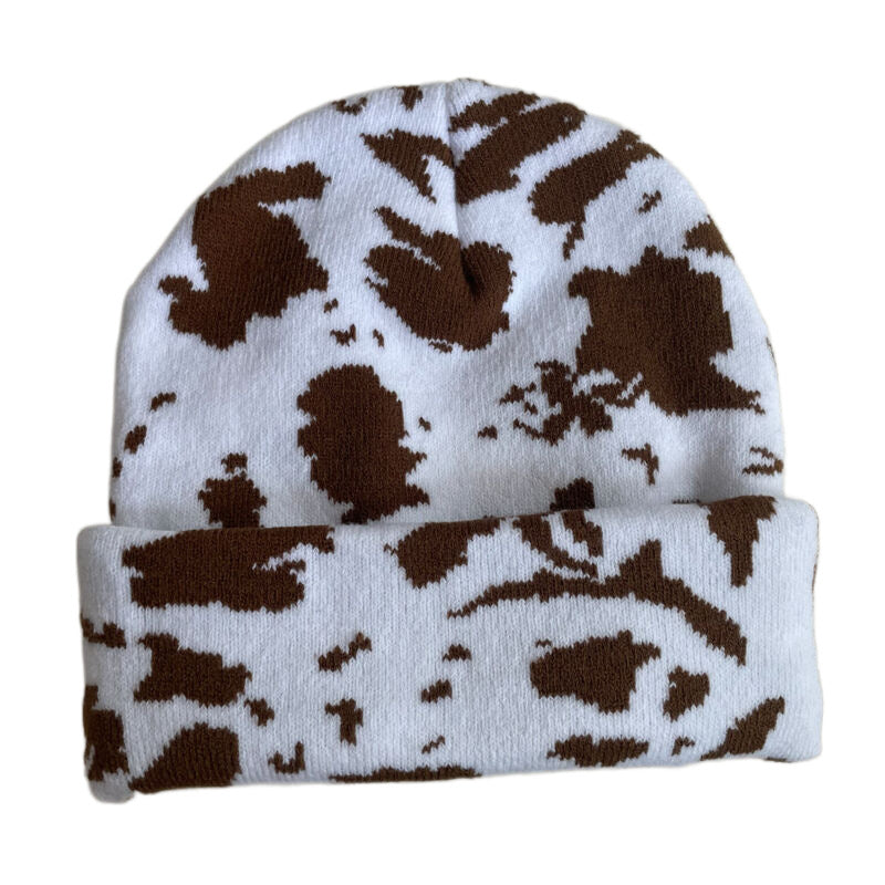 Wholesale Autumn and Winter Warm Ear Protection Cute Cow Print Knit Hat