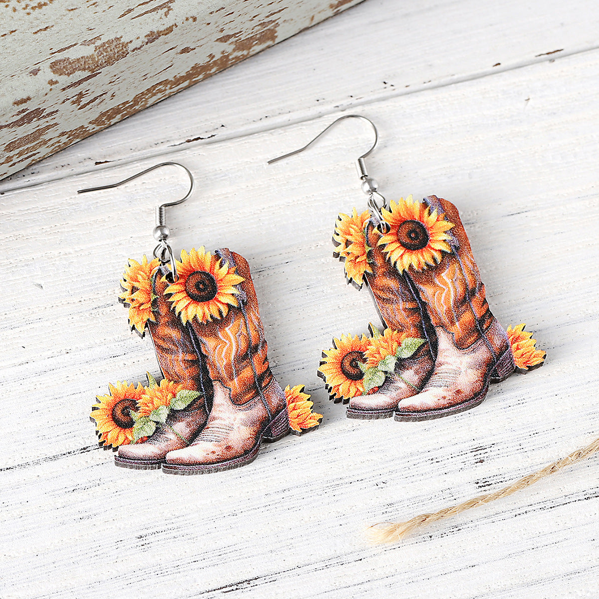 Wholesale Western style sunflower cowboy boots wooden double-sided earrings