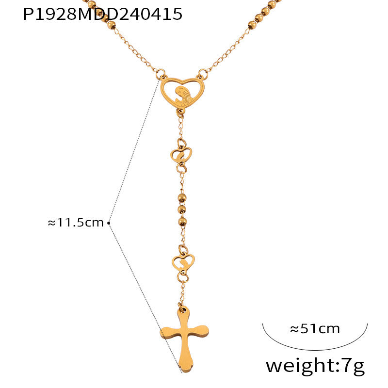 Wholesale Embossed Figure Round Tassel Cross Pendant Titanium Steel Necklace