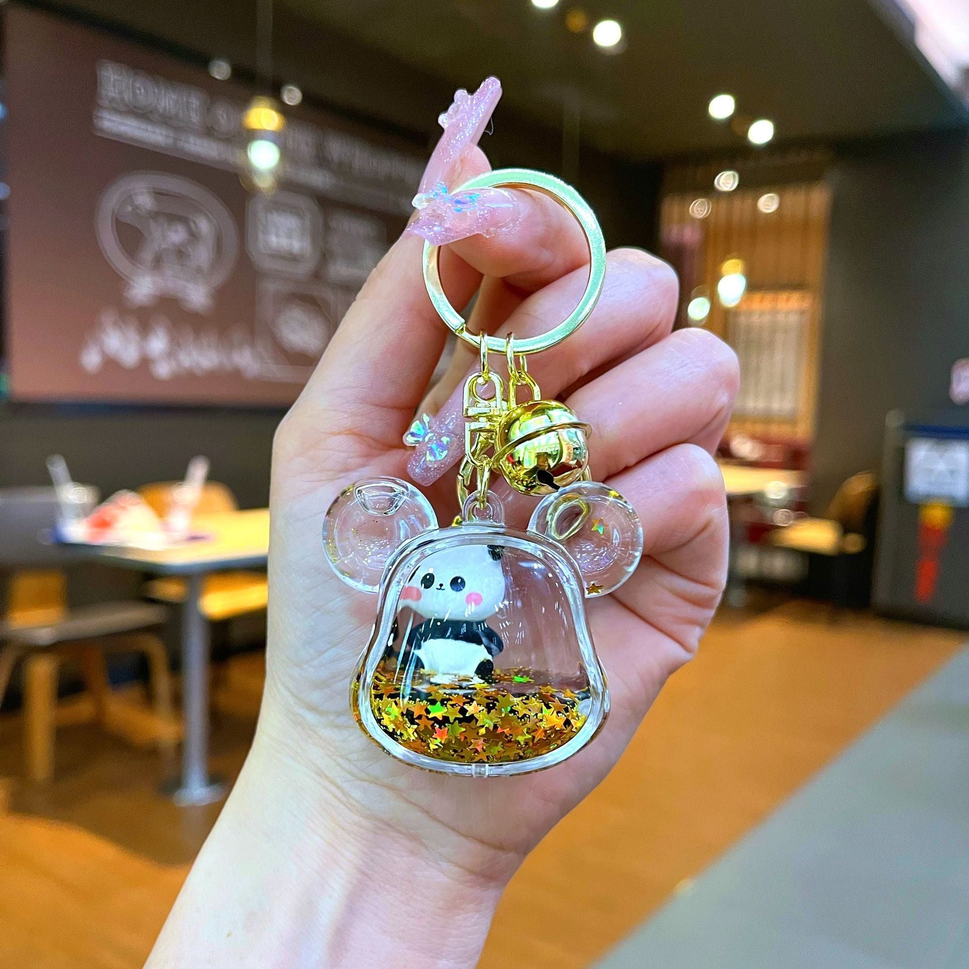 Wholesale Black gold floating cartoon cute panda Liquid Keychains