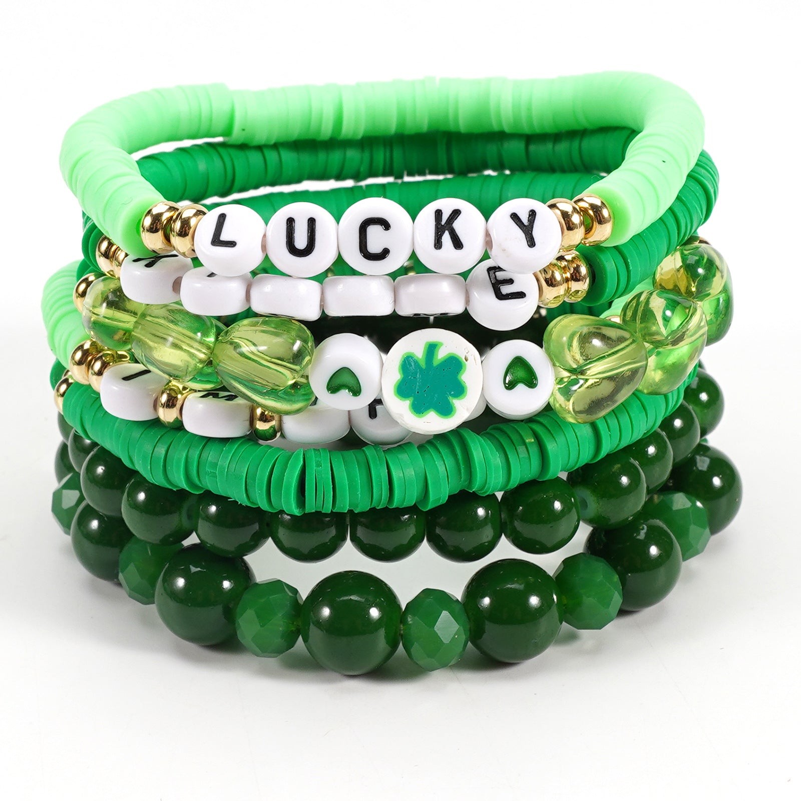 Wholesale St.  Patrick' s Day Green Lucky Clover Soft Ceramic Bracelet Set