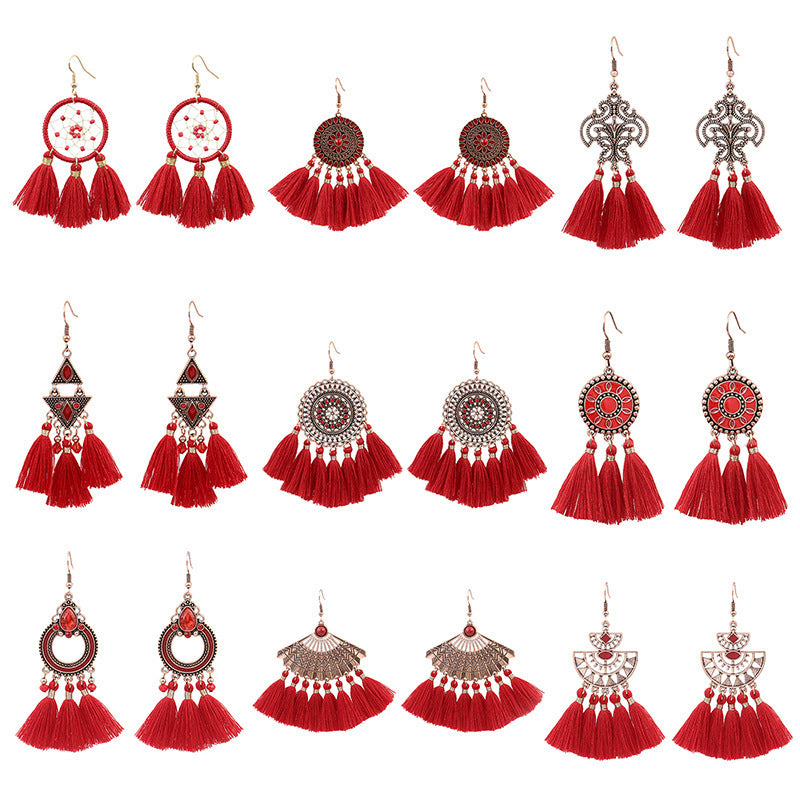 Wholesale Long Tassel Bead Mesh Metal Geometric Earrings