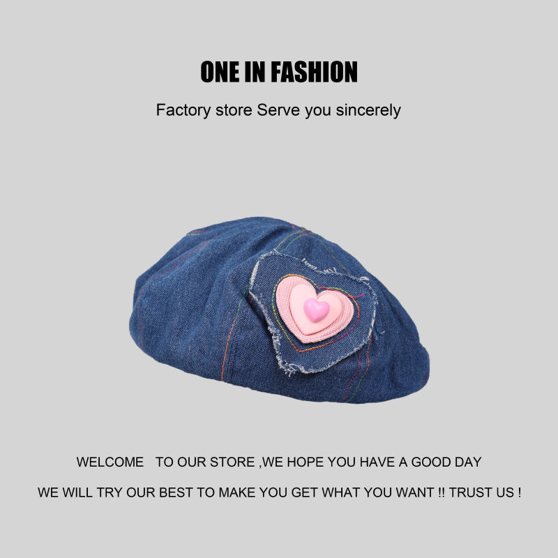 Wholesale Valentine's Day Pink Love Label Denim Beret