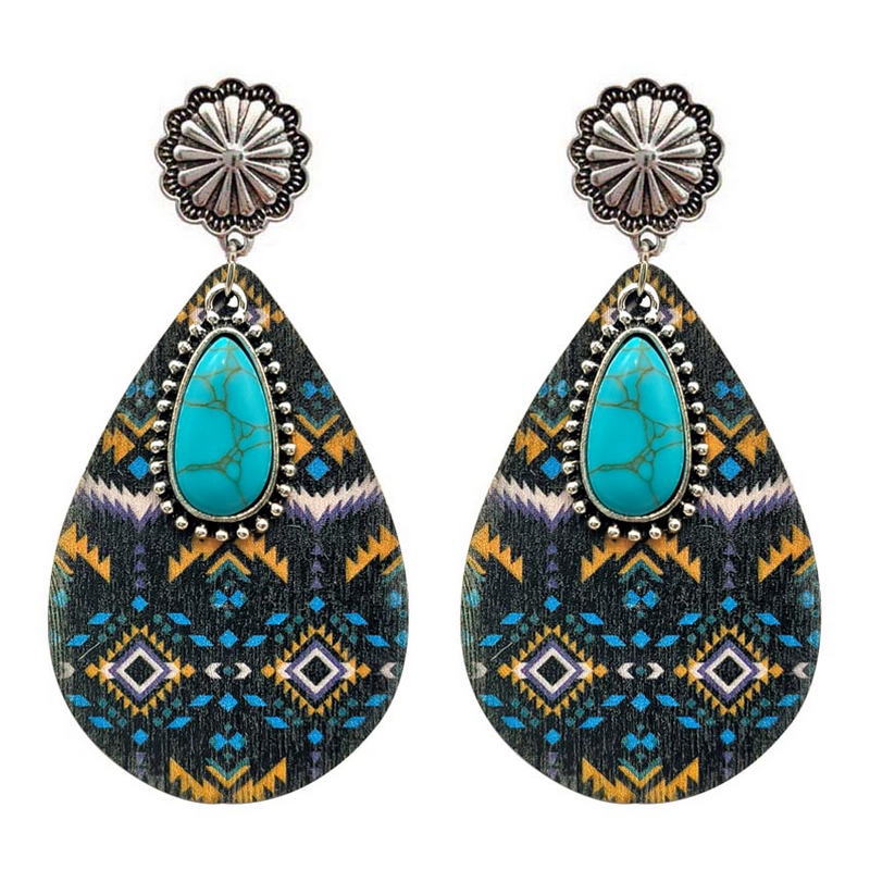 Wholesale Ethnic Turquoise Western Style Aztec Leather Drop Earrings