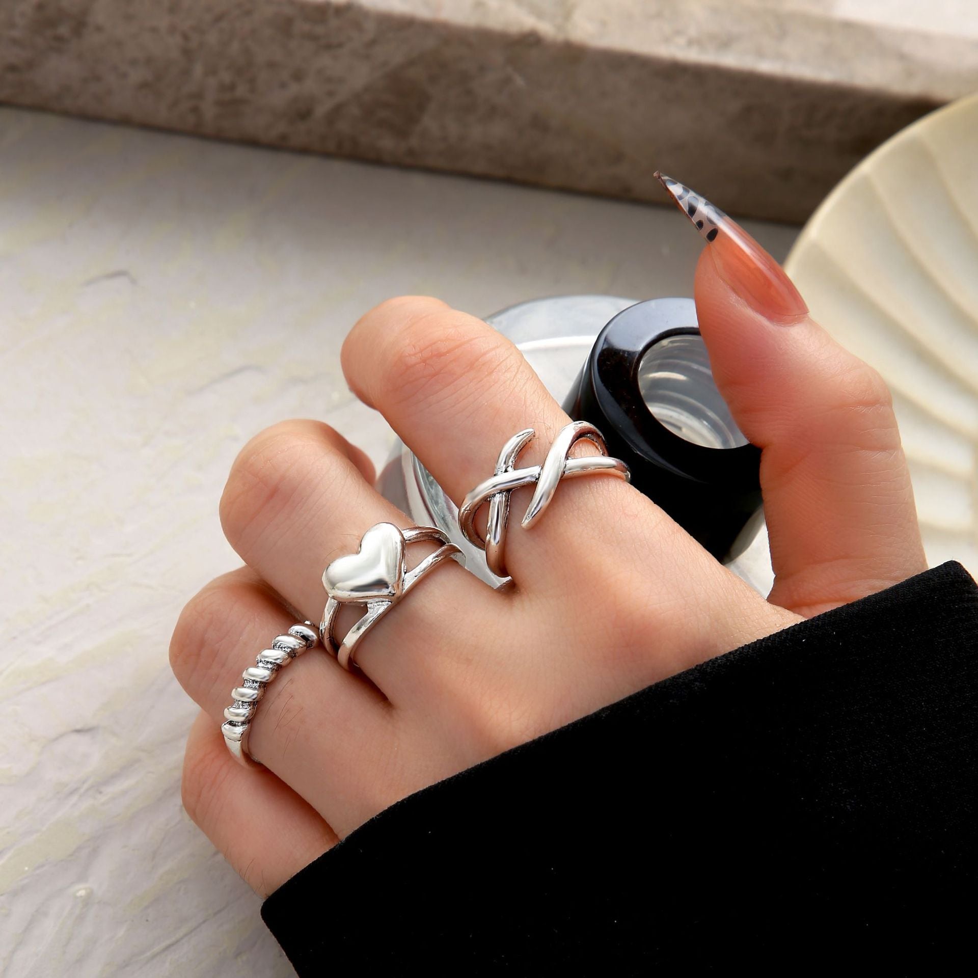Wholesale Hollow Heart Alloy Ring 3-piece Set