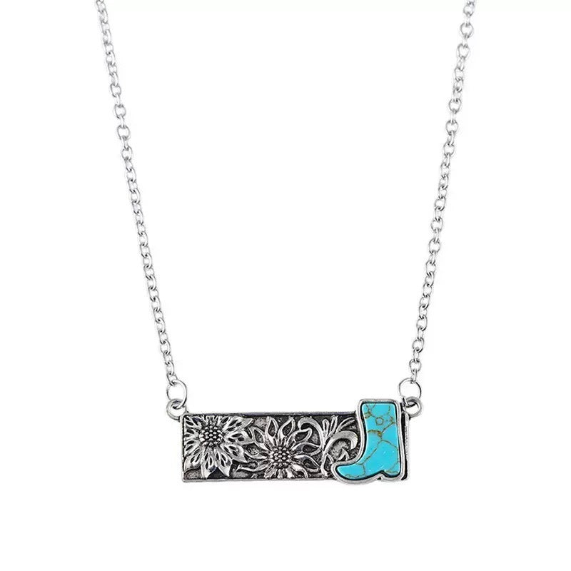 Wholesale Vintage Boho Turquoise Cactus Cross Pendant Necklace Western Cowboy Style Jewelry Accessory