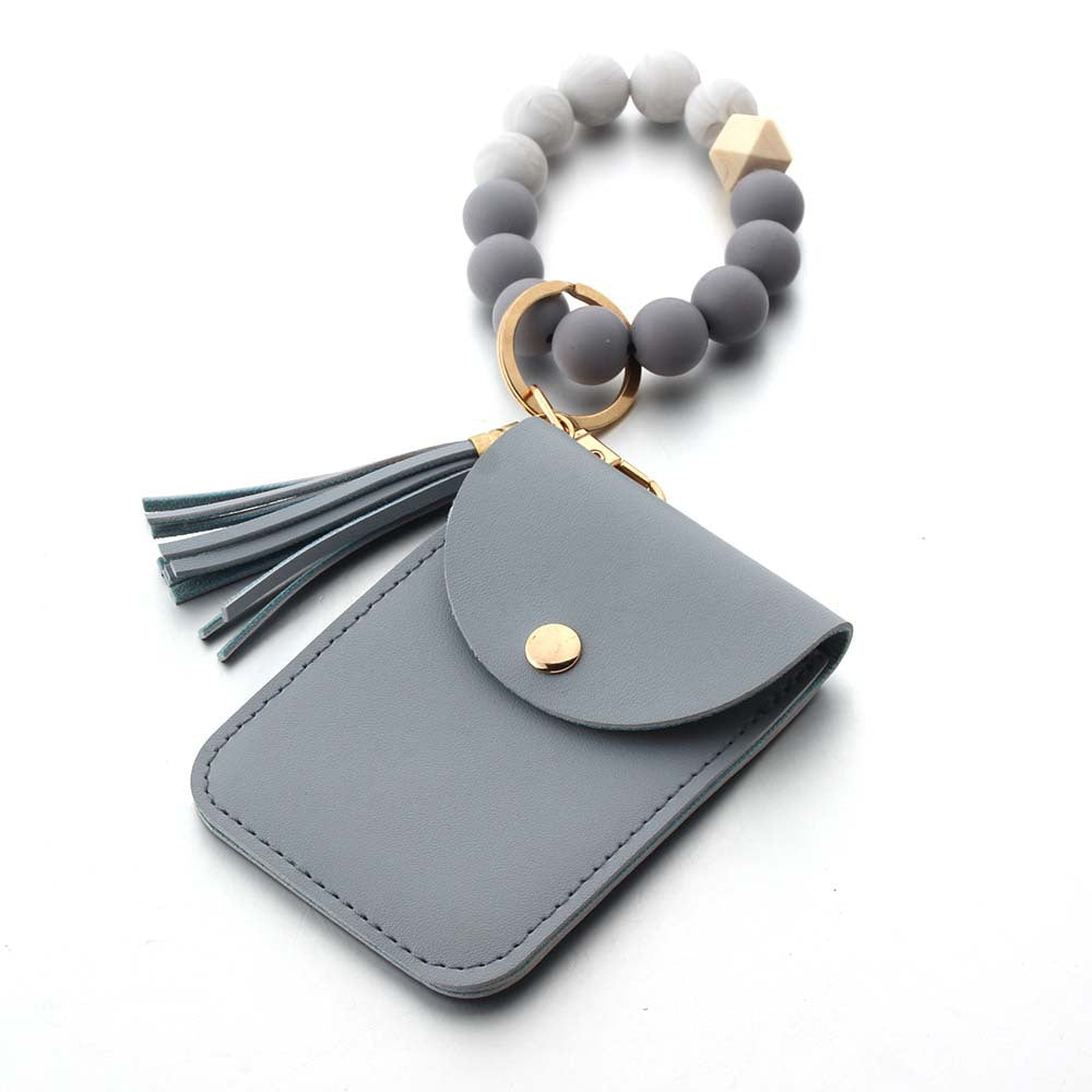 Wholesale Silicone Leather Tassel Bracelet Wooden Bead Keychain