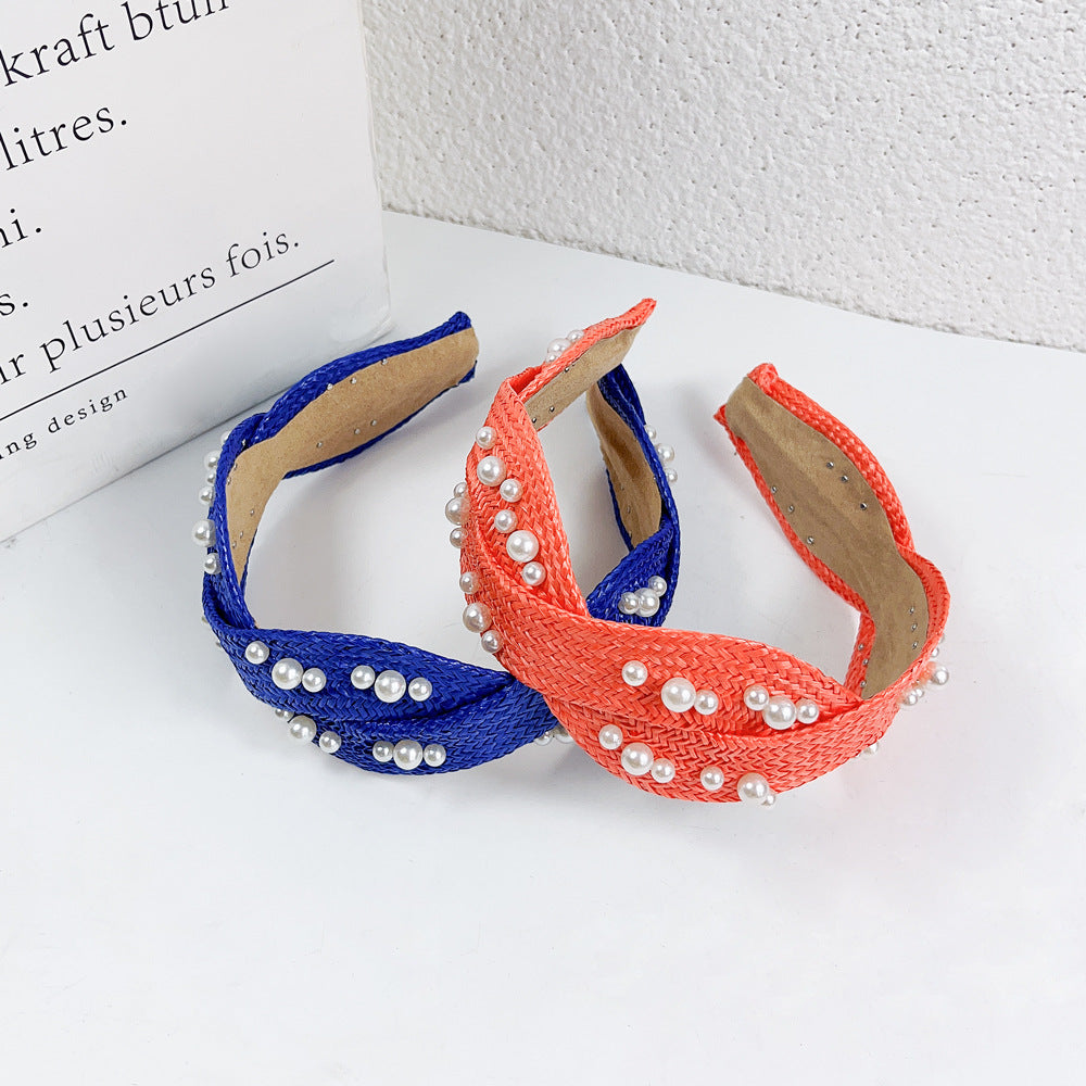 Wholesale 2023 Raffia Braided Pearl Cross Headband