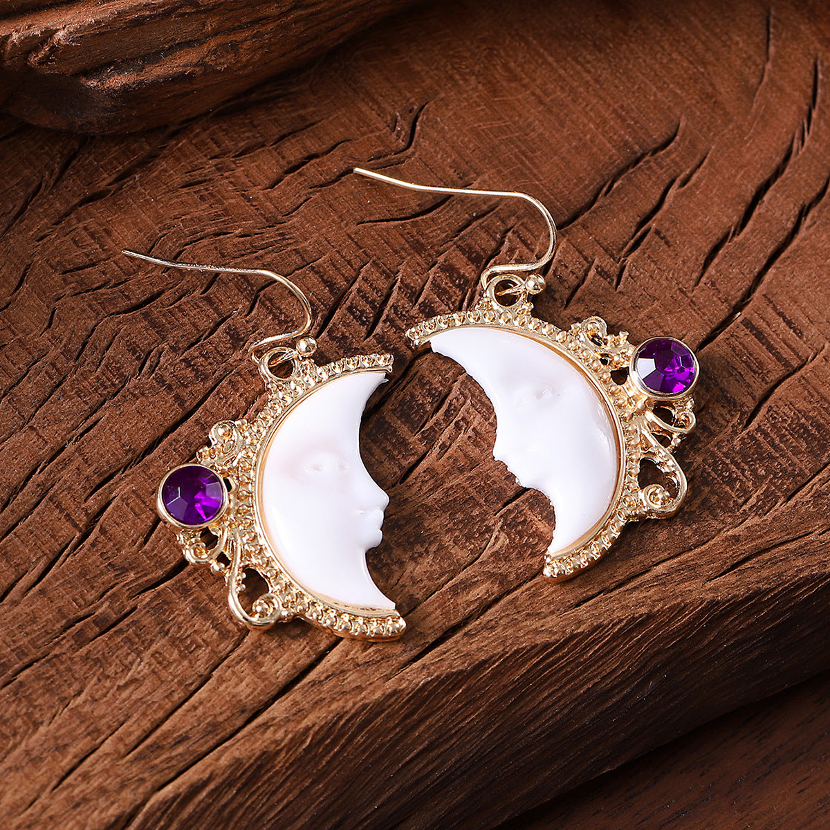 Wholesale Bohemian Moon Goddess Face Inlaid Gemstone Earrings