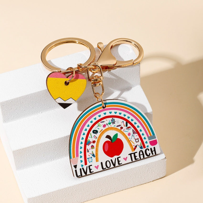 Wholesale Teacher' s Day Rainbow Wooden Brand Tassel Keychain