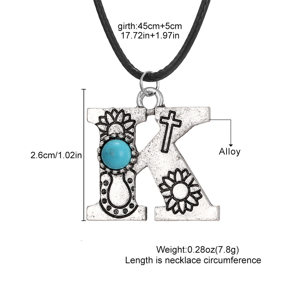 Wholesale English letter necklace western style cactus sunflower turquoise chain
