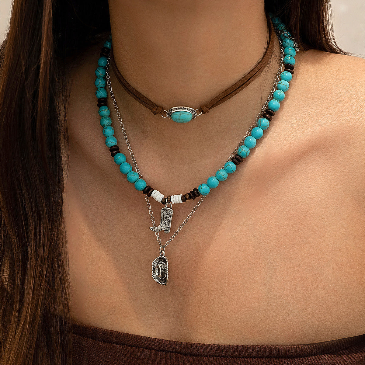 Wholesale Vintage Imitation Turquoise Sweater Chain Beaded Necklace Set