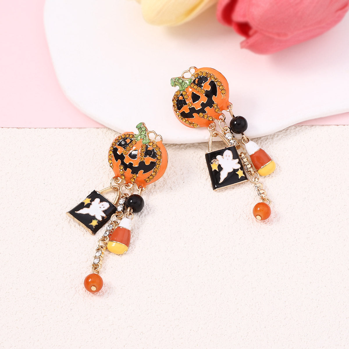 Wholesale Halloween Creative Fashion Oil Drop Funny Zircon Inlaid Pumpkin Skull Tassel Earrings
