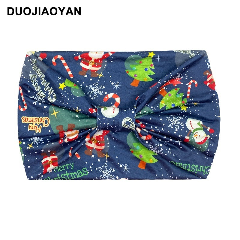 Wholesale Christmas Printed Hairband with Wide Edges and Knotted Elastic Headband Cartoon Santa Claus Headscarf