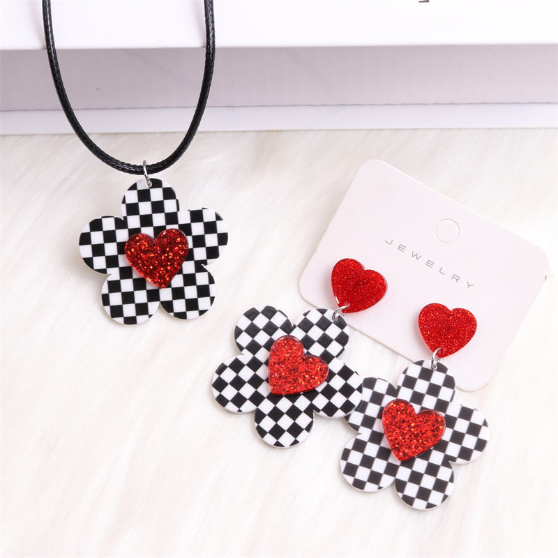 Wholesale Valentine's Day Checkerboard Flower Love Rose Red Lip Acrylic Earrings