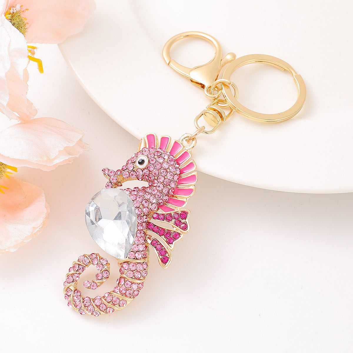 Wholesale 4pcs Seahorse marine animal diamond studded metal keychain
