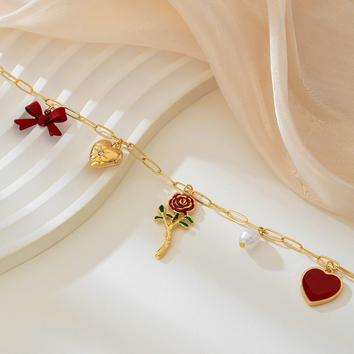 Wholesale metal red love artificial pearl bow necklace