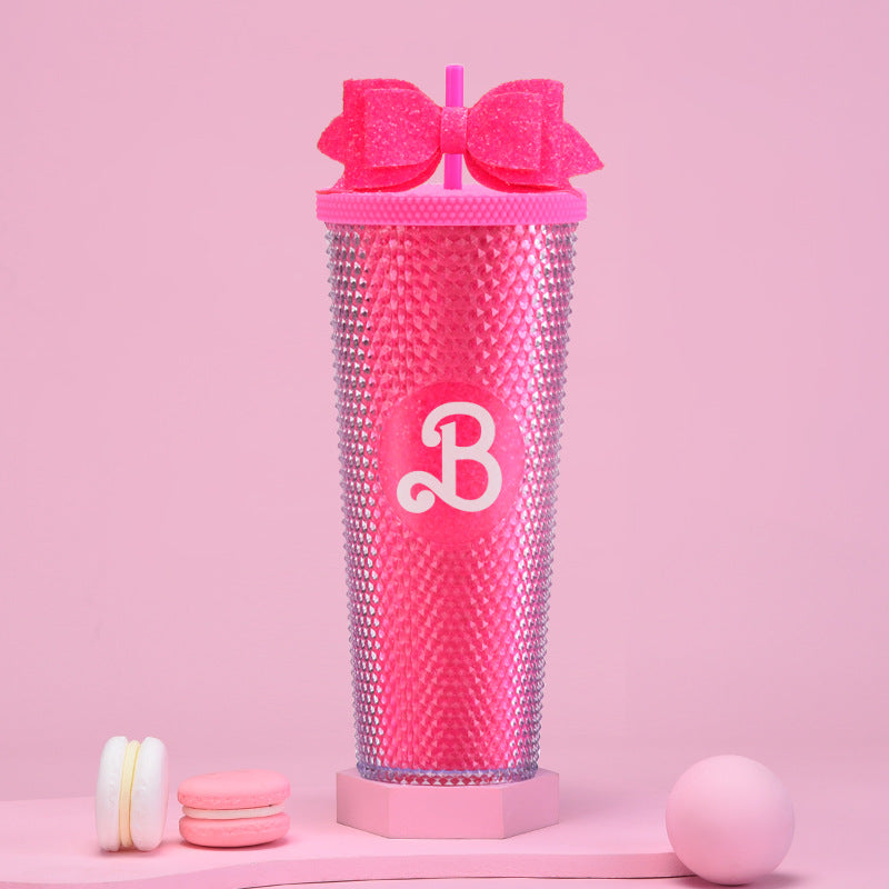 Wholesale Double-layer Plastic 710ml Large Capacity Straw Cup with Glitter Bow Tie Hand Cup Durian Cup