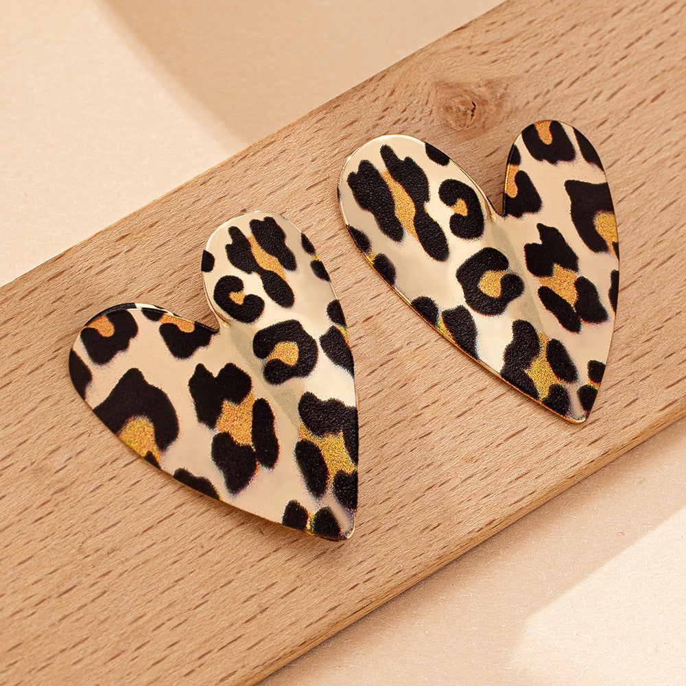 Wholesale European and American Cross-border Trend Autumn and Winter Printing Leopard Print Love Exaggerated Niche Design Valentine's Day Gift Earrings