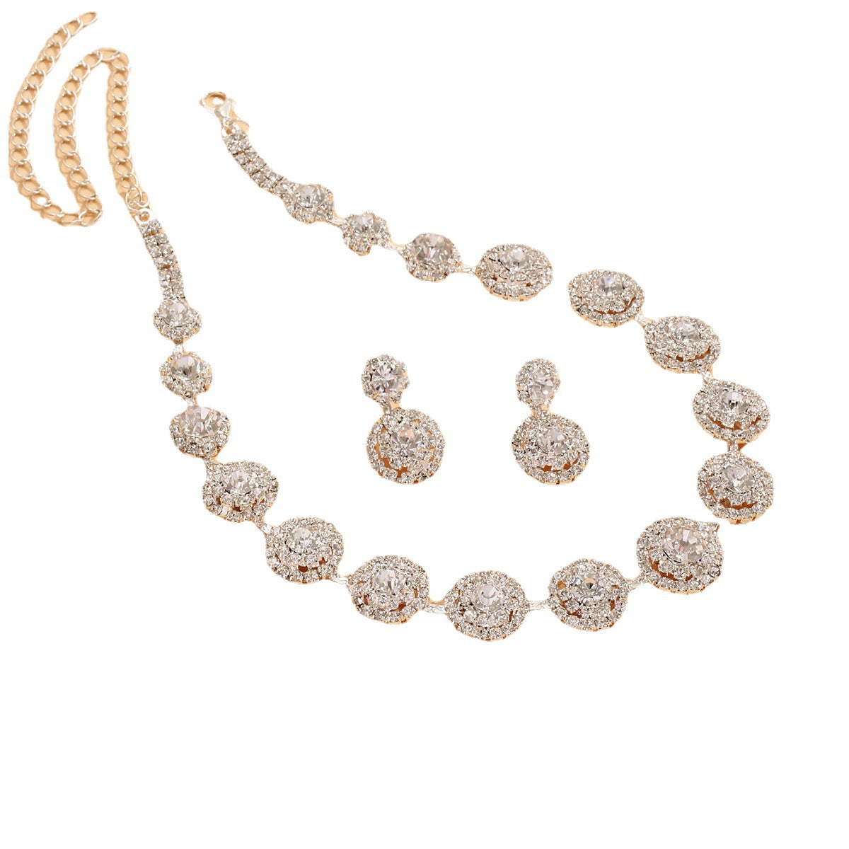 Wholesale Wedding Party Round Rhinestone Necklace Stud Earrings Jewelry Set