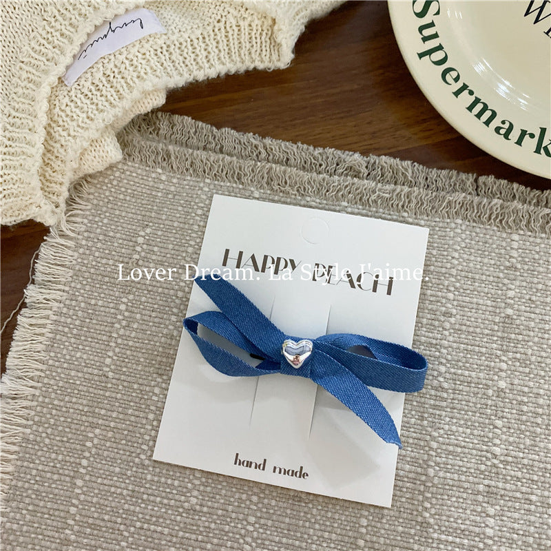 Wholesale Silver Love Blue Denim Bow Hair Clip