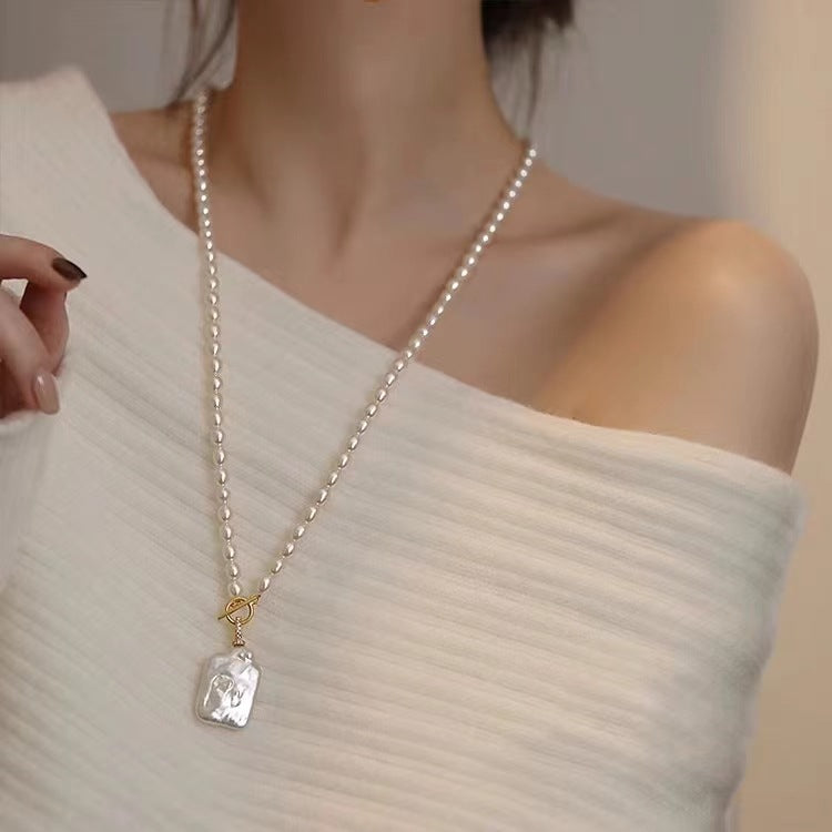 Wholesale Baroque Rice Pearl Necklace Square Pendant Stacked Long Woolen Chain