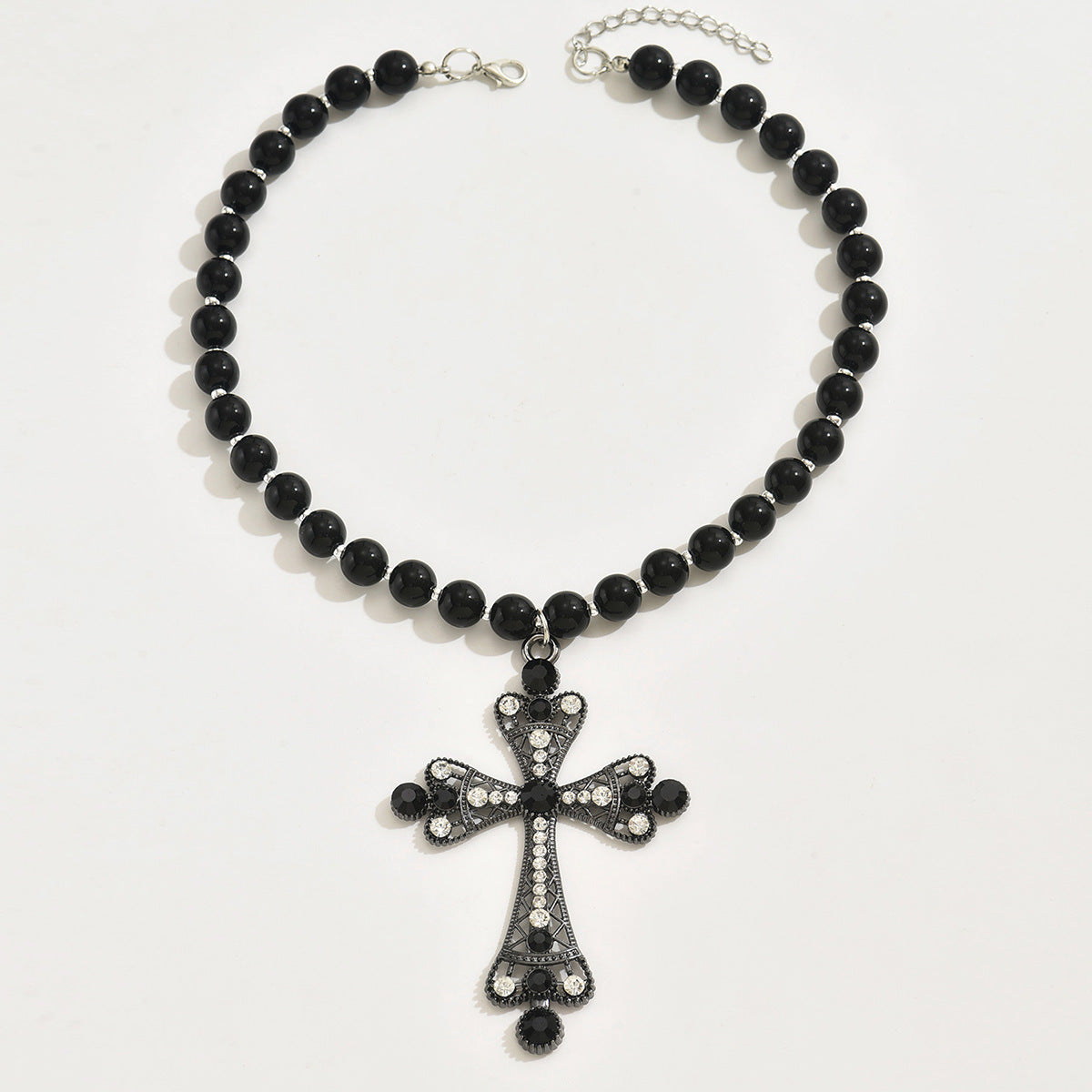 Wholesale Dark Punk Gothic Imitation Pearl Beaded Diamond Exaggerated Cross Necklace