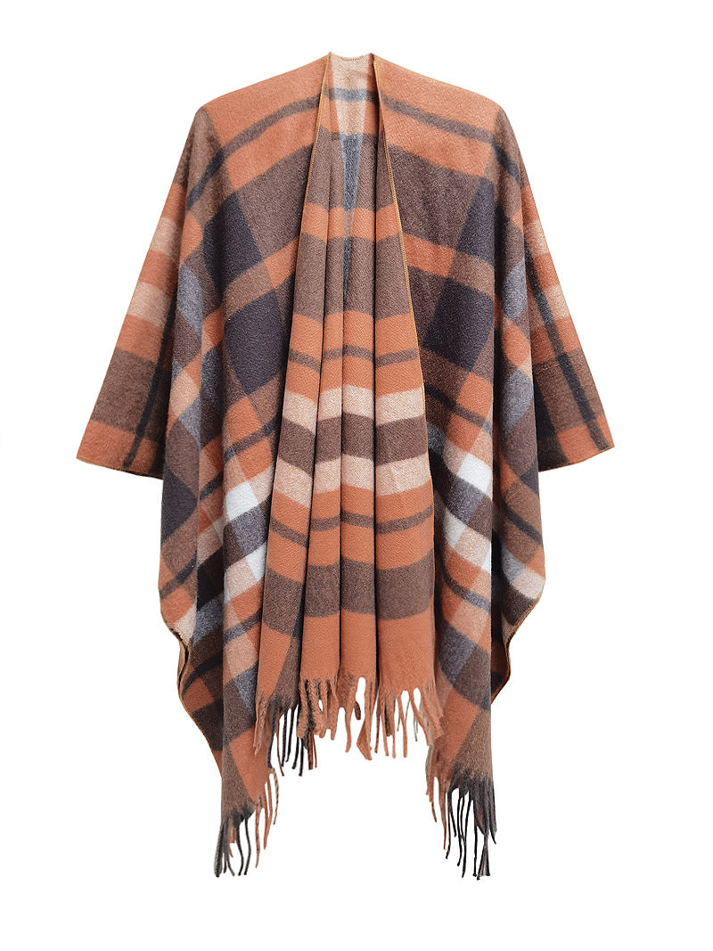 Wholesale Autumn and Winter Slit Cape Thickened Plaid Thorn Fringed Shawl