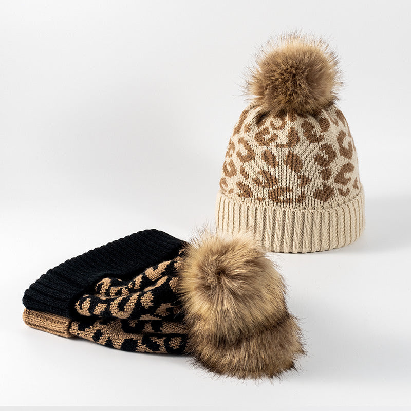 Wholesale Leopard Print Curled Fur Ball Knitted Warm Thickened Hat