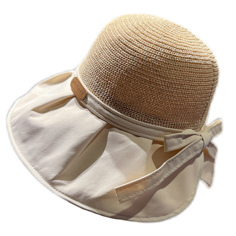 Wholesale Letter Logo Hollow Straw Knitted Large Brim Bucket Hat with Back Slit