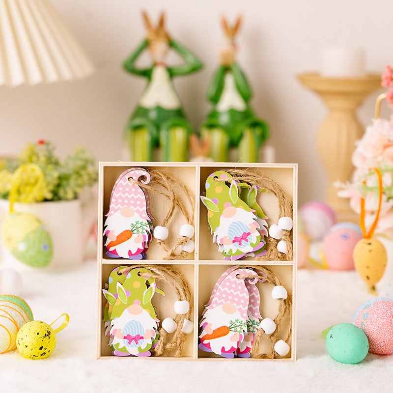 Wholesale Easter 4-grid Wooden Boxes with Wooden Dwarf Radish Pendant Decorations