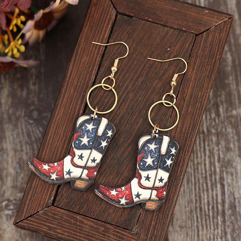 Wholesale Independence Day Retro Western Boots Star Print Wooden Earrings Fashion Jewelry Accessory Gift