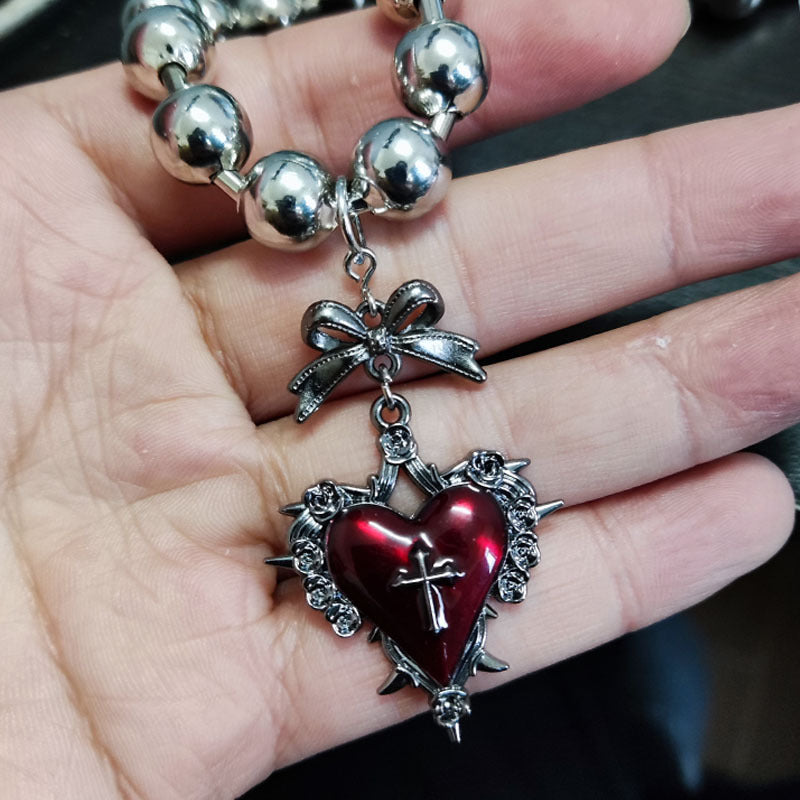 Wholesale Retro dark gothic punk red and black love bow cross metal necklace