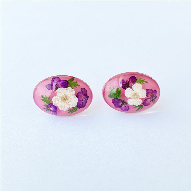 Wholesale 6pcs Forget-me-not Dried Flower Resin Oval Earrings