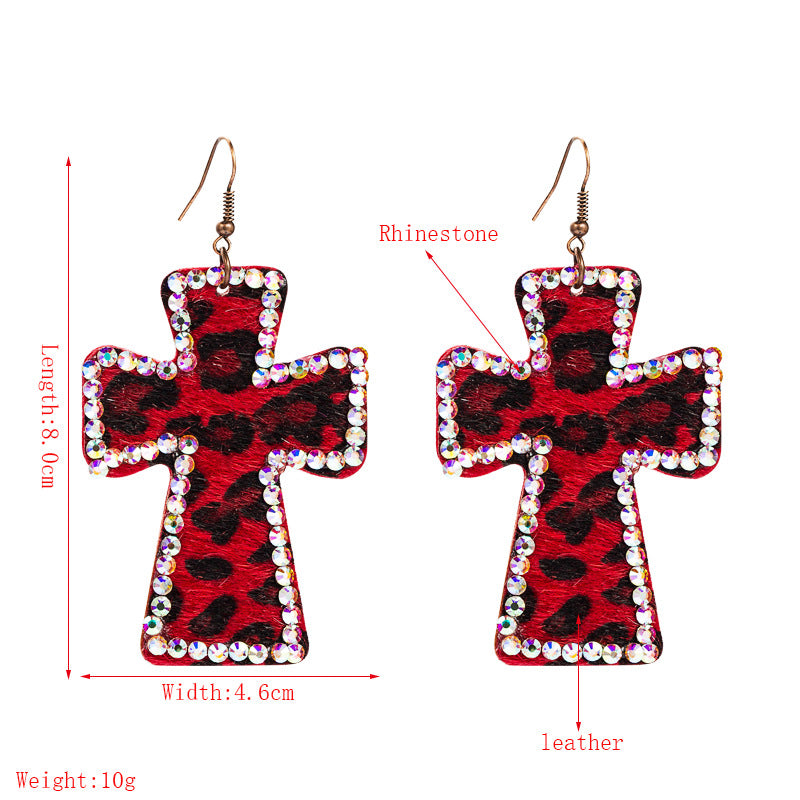 Wholesale Cross Shape Double Sided Printed Leopard Earrings