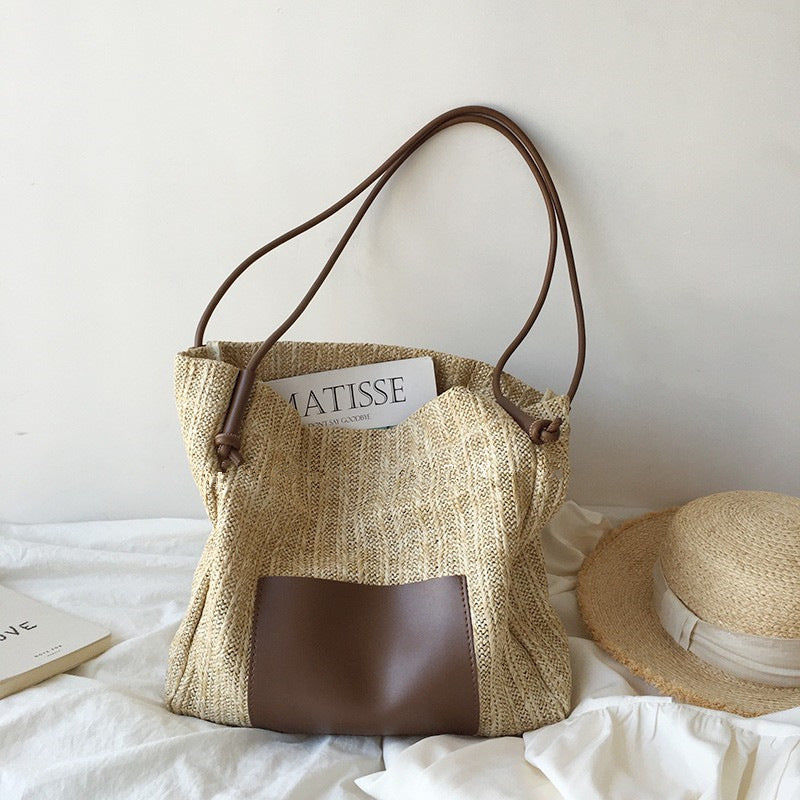 Wholesale Woven Basket Contrast Straw Shoulder Bag