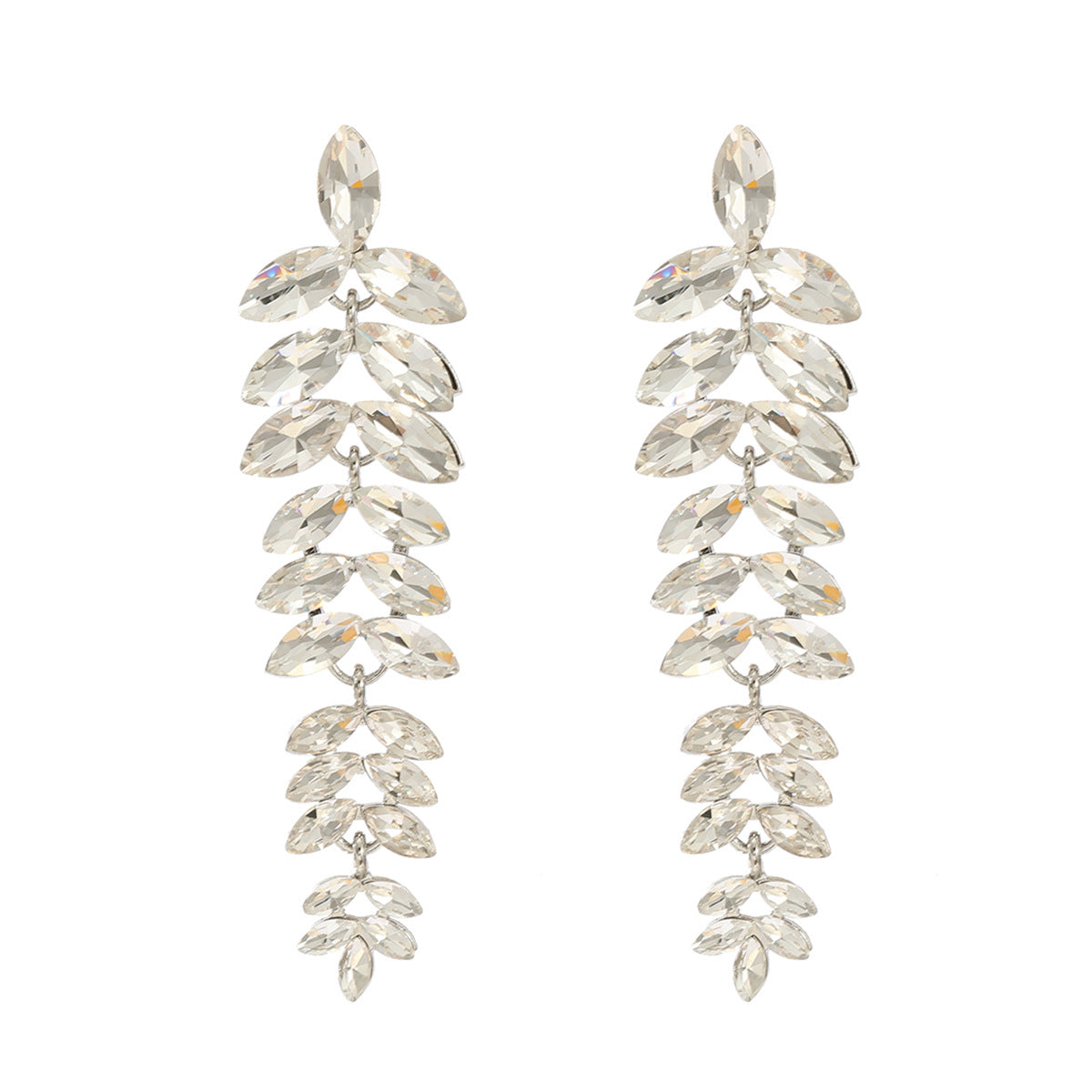 Wholesale Colored Diamond Full Diamond Long Leaf Earrings