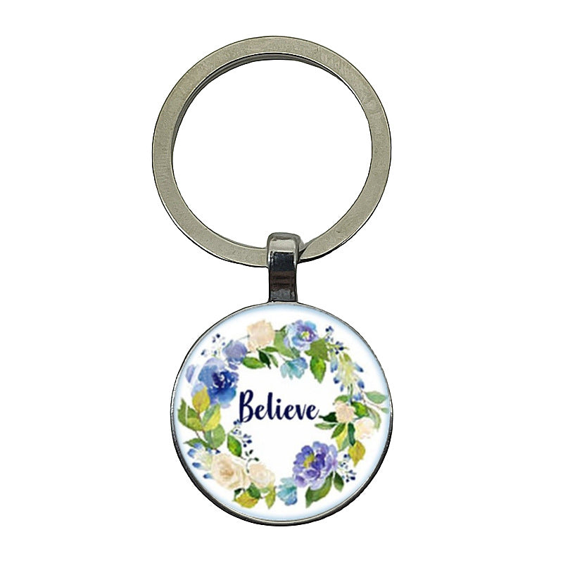 卸売レターフラワーパターンジェムストーンメタルキーホルダー