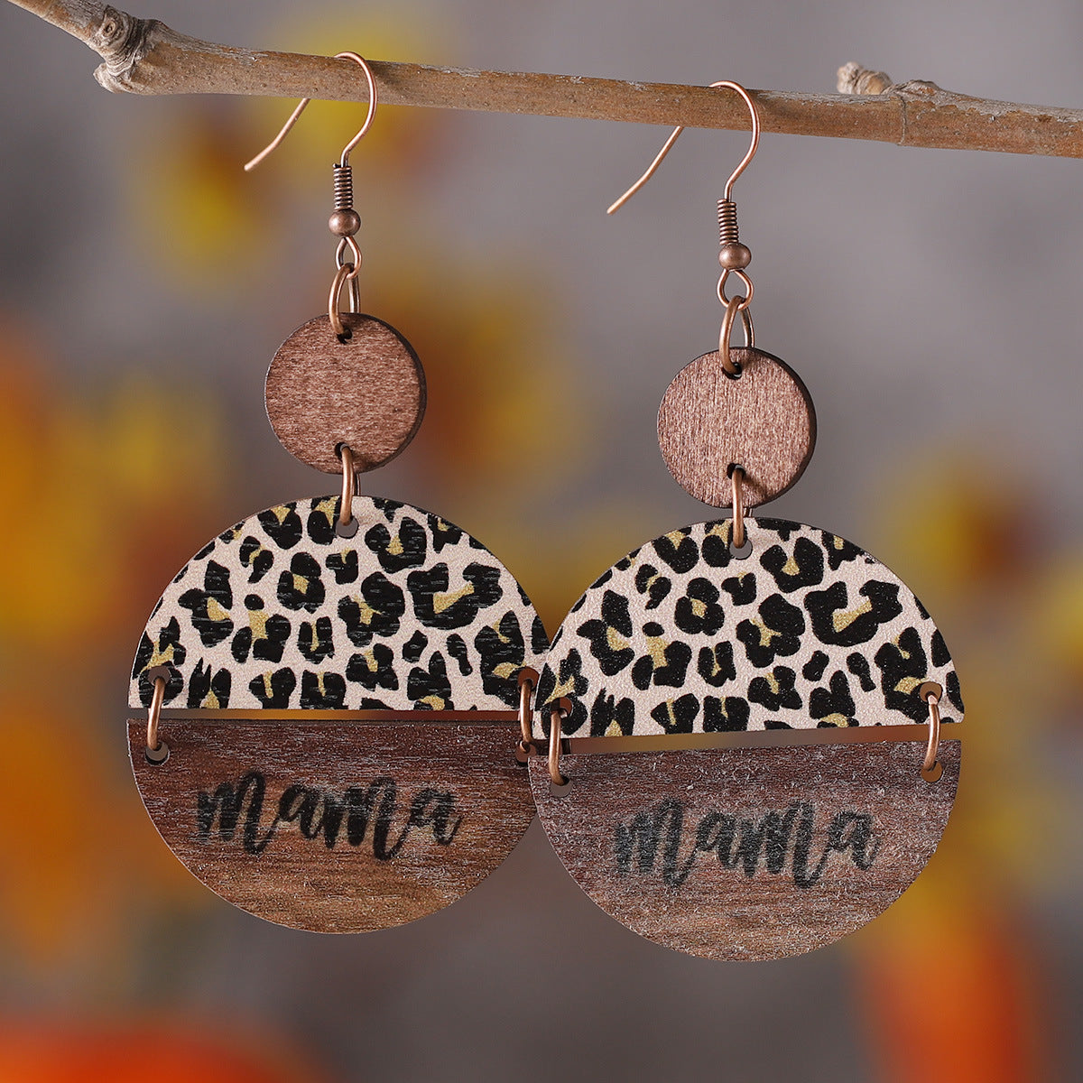 Wholesale Mother' s Day Leopard Round Pieces ing Pendant Wooden Earrings