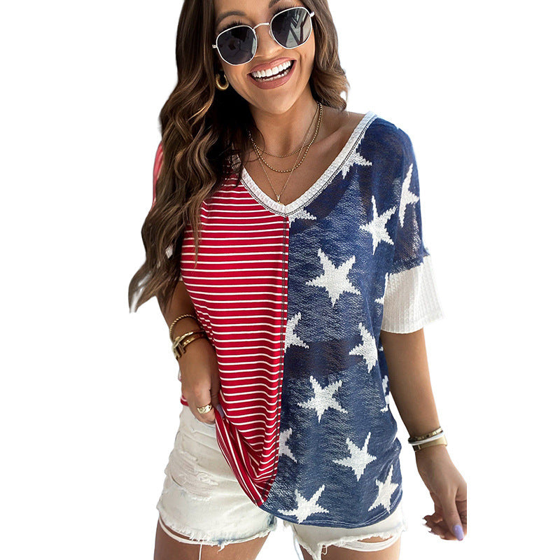 Wholesale Knitted American Flag Independence Day Printed Short Sleeves